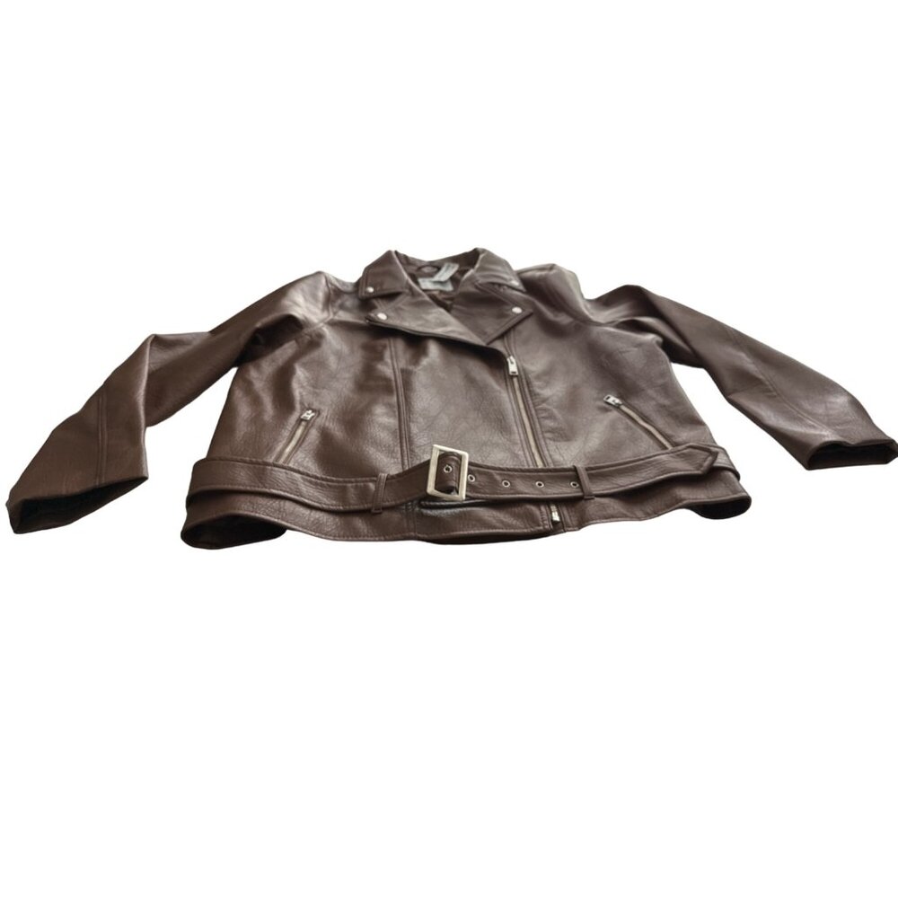 NWT Old Navy Brown Moto Jacket Faux Leather Biker  Waist Belt Size XXL - Picture 7 of 8